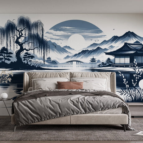 Japanese landscape wallpaper creating a peaceful atmosphere in a modern living room with minimal furniture