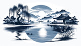 Monochrome Japanese mountain lake design file showing detailed ink-style artwork and traditional elements