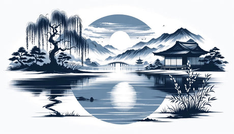 Monochrome Japanese mountain lake design file showing detailed ink-style artwork and traditional elements