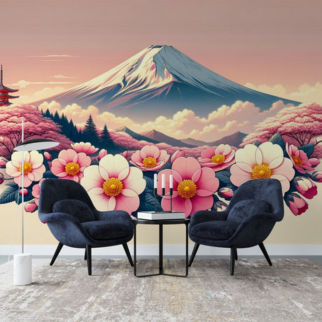 Japanese Mount Fuji wallpaper with cherry blossoms creating a peaceful atmosphere in a modern living room