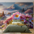 Japanese Mount Fuji wallpaper with cherry blossoms creating a peaceful atmosphere in a modern living room