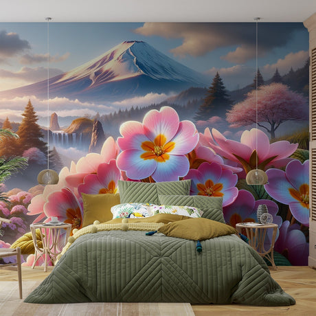 Japanese Mount Fuji wallpaper with cherry blossoms creating a peaceful atmosphere in a modern living room