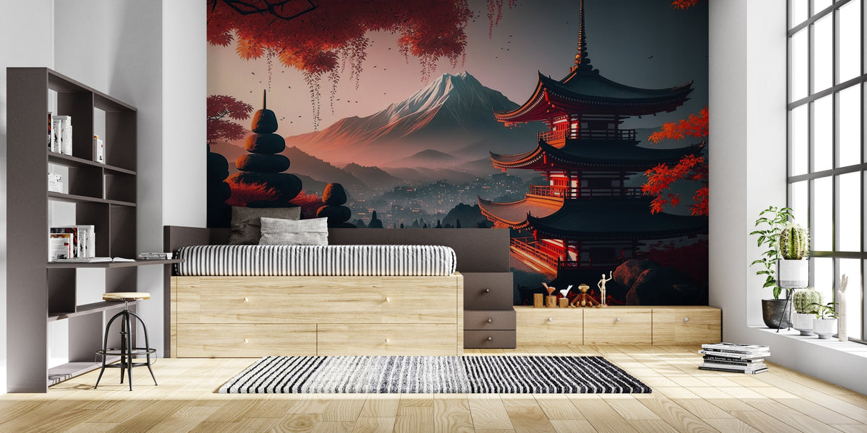 Mount Fuji and pagoda wallpaper bringing zen vibes to a master bedroom with natural light