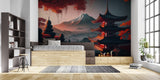 Mount Fuji and pagoda wallpaper bringing zen vibes to a master bedroom with natural light