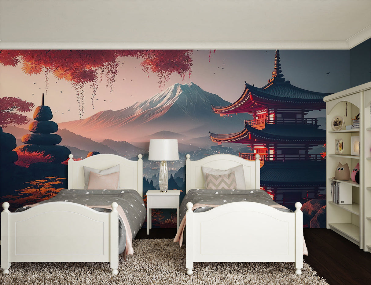 Japanese landscape mural adding depth to a meditation room with floor cushions