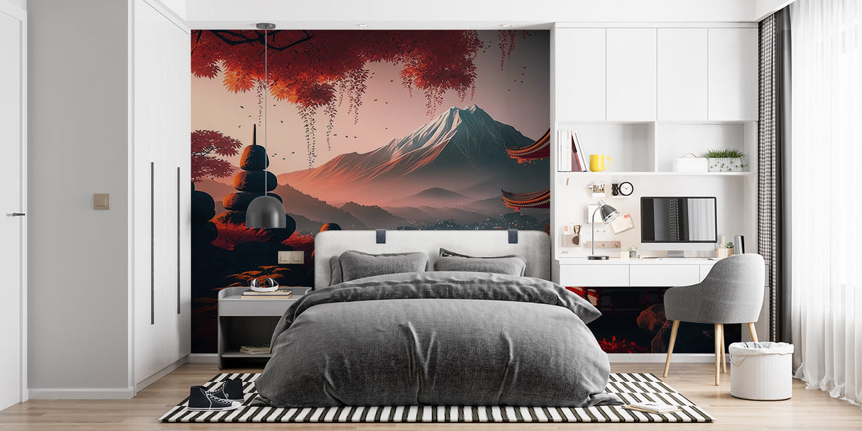 Mount Fuji sunset wallpaper transforming a home office with soft lighting