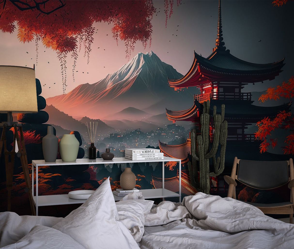 Japanese pagoda wallpaper creating an accent wall in a dining room setting