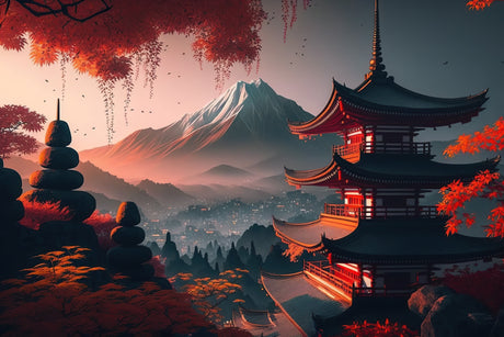 Mount Fuji and pagoda at sunset design file showing detailed Japanese landscape pattern