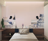Japanese temple wallpaper mural in modern minimalist living room with clean lines and natural light