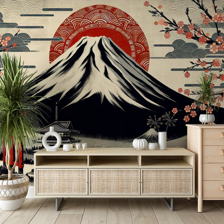 Japanese Mount Fuji wallpaper with cherry blossoms creating a peaceful atmosphere in a modern living room