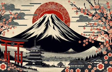 Mount Fuji cherry blossom design file showing detailed Japanese art pattern and red sun composition