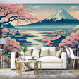 Japanese Mount Fuji wallpaper with cherry blossoms creates calm in modern living room with minimal furniture
