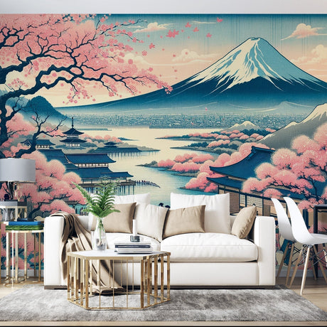 Japanese Mount Fuji wallpaper with cherry blossoms creates calm in modern living room with minimal furniture