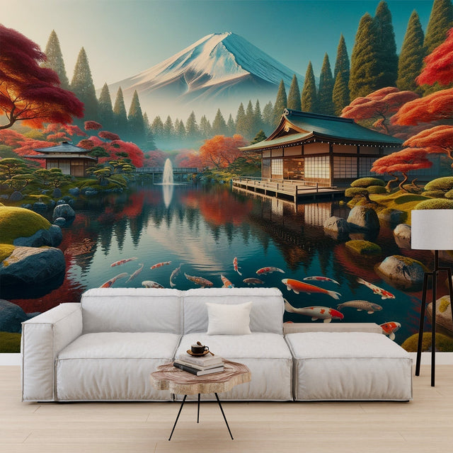 Japanese garden wallpaper with Mount Fuji view shown in a modern living room setting, creating a peaceful atmosphere