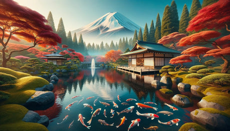 Japanese garden wallpaper design file showing detailed Mount Fuji landscape with koi pond and maple trees