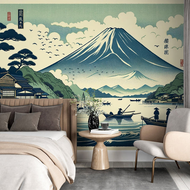 Japanese Mount Fuji wallpaper mural creating a stunning focal point in a modern minimalist living room with natural light