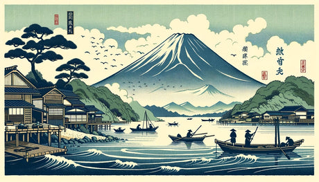 Mount Fuji lake design file showing detailed ukiyo-e style artwork with boats and traditional houses