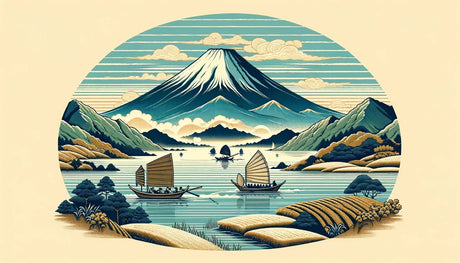 Japanese Mount Fuji wallpaper mural displayed in a minimalist living room, creating a peaceful Asian-inspired atmosphere