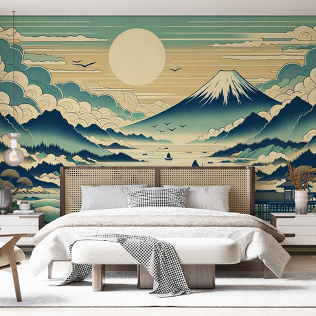 Japanese Mount Fuji wallpaper mural creating a stunning focal point in a modern living room with minimal furniture