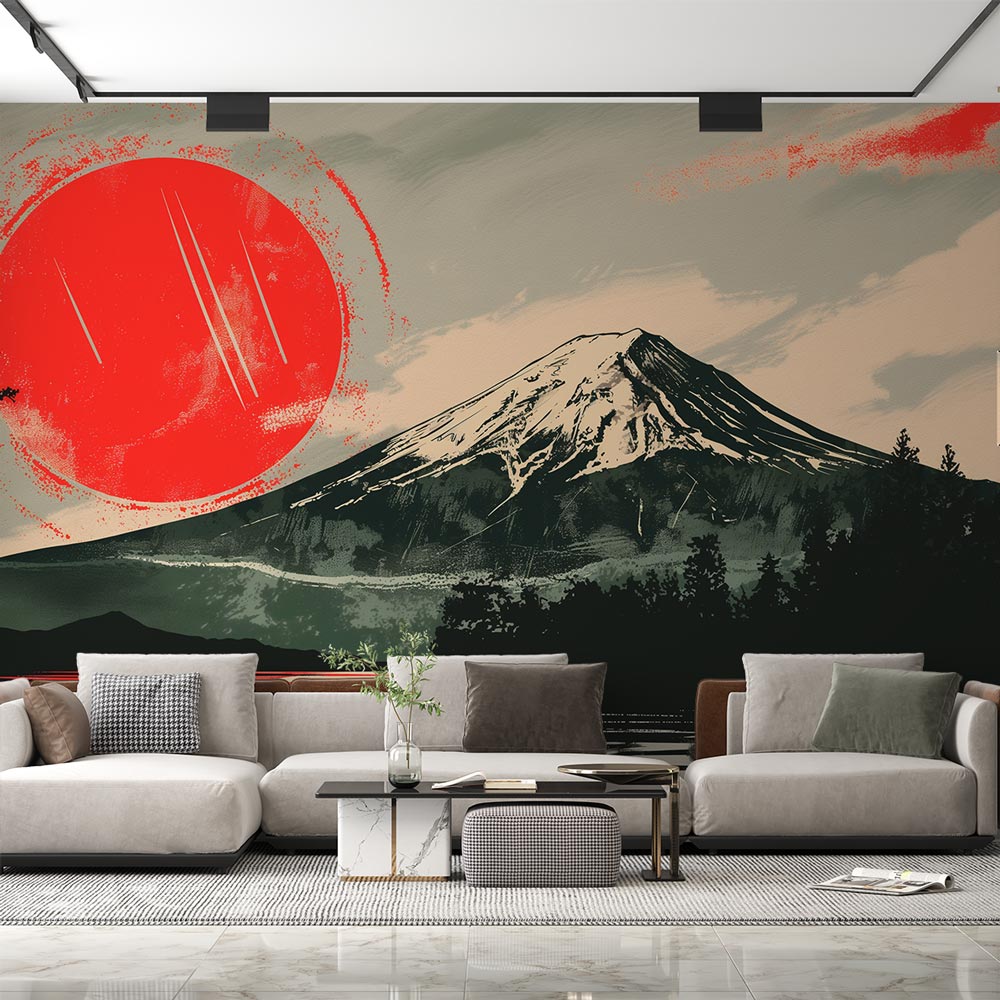 Japanese Mount Fuji wallpaper with red sun creating dramatic atmosphere in modern living room with minimalist furniture