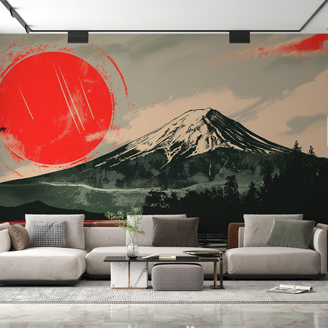 Japanese Mount Fuji wallpaper with red sun creating dramatic atmosphere in modern living room with minimalist furniture