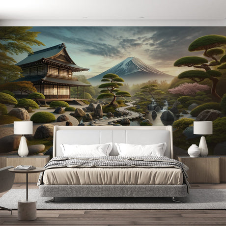 Japanese garden wallpaper with Mount Fuji view shown in a modern living room, creating a serene atmosphere
