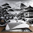 Japanese Mount Fuji wallpaper creating a striking focal point in a minimal modern living room with clean lines and natural light