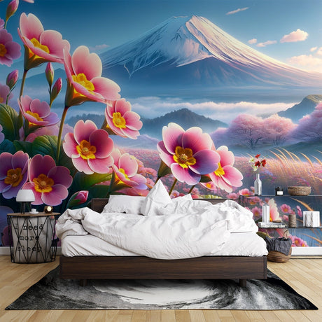 Japanese Mount Fuji wallpaper with pink cherry blossoms creating a peaceful atmosphere in a modern living room