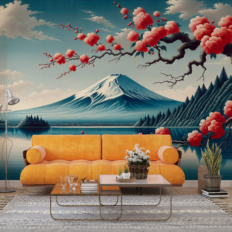 Japanese Mount Fuji wallpaper with cherry blossoms creating a serene atmosphere in a modern living room setting