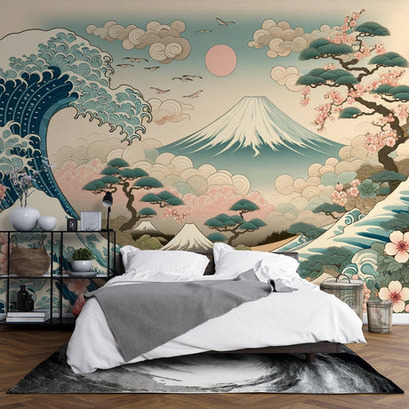 Japanese Mount Fuji wallpaper with Great Wave shown in a modern living room, creating a peaceful Asian-inspired atmosphere