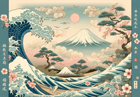 Mount Fuji and Great Wave design file showing detailed Japanese artwork pattern with cherry blossoms