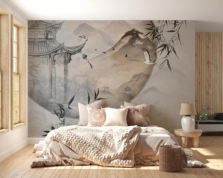 Japanese mountain landscape wallpaper in modern minimalist living room creating zen atmosphere