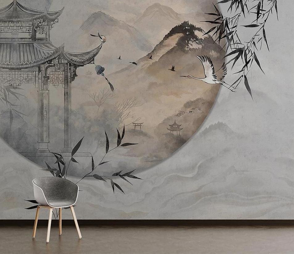 Oriental pagoda wallpaper mural in master bedroom showing peaceful mountain scene