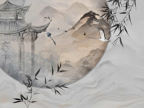 Japanese landscape wallpaper design file showing pagoda, mountains and bamboo in misty setting