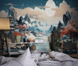 Japanese landscape wallpaper creating zen atmosphere in modern living room with minimal furniture