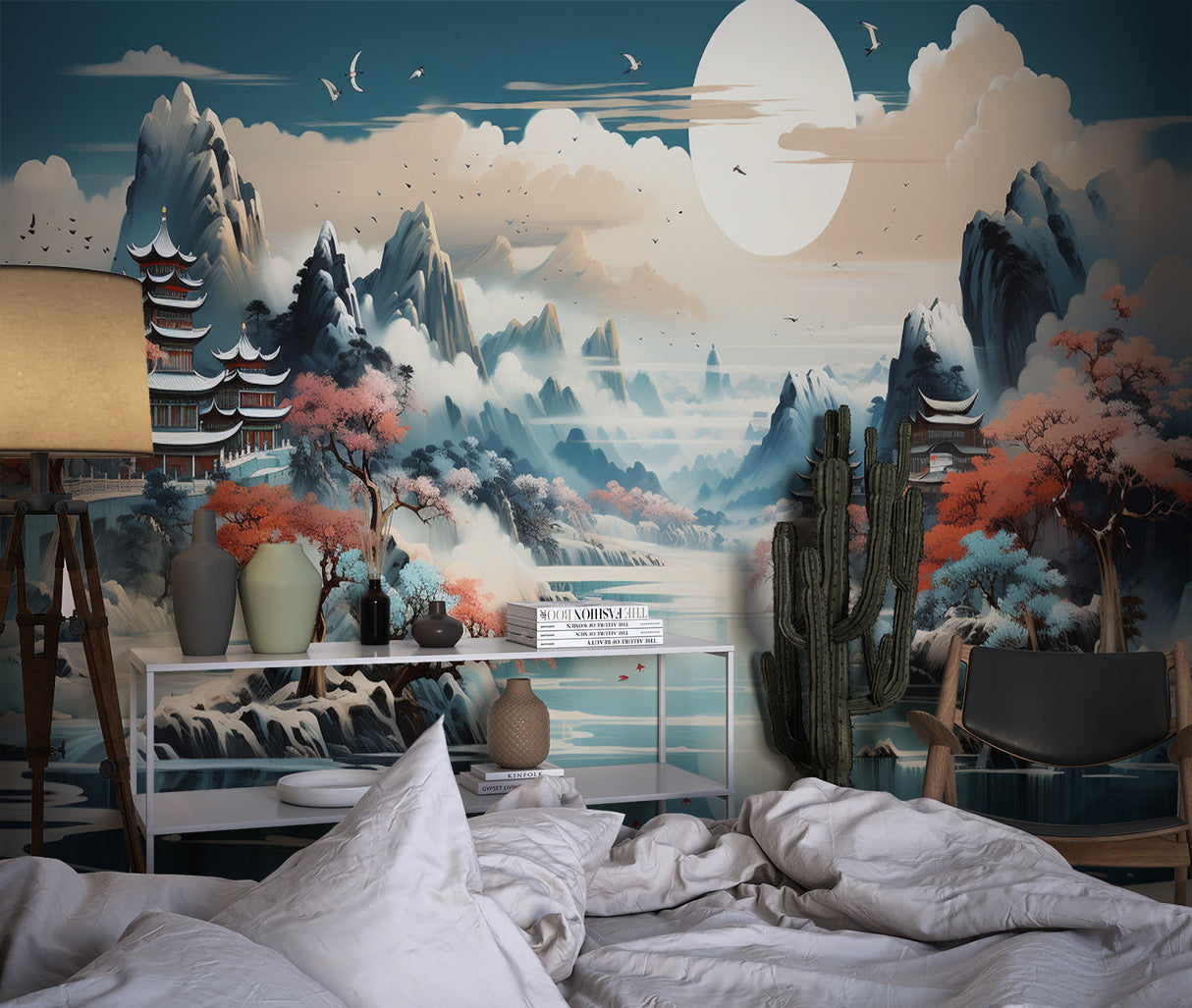 Japanese landscape wallpaper creating zen atmosphere in modern living room with minimal furniture