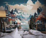 Japanese landscape wallpaper creating zen atmosphere in modern living room with minimal furniture