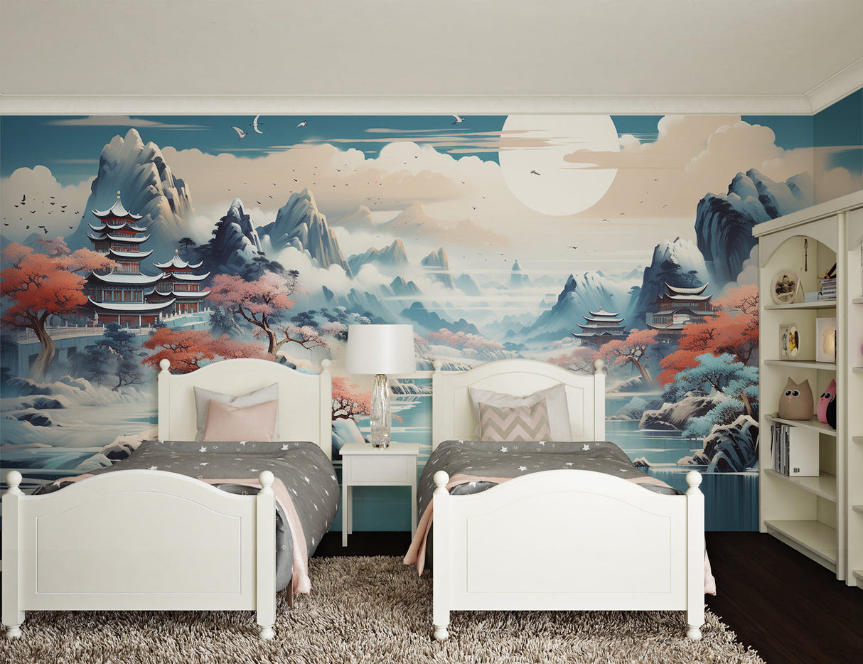 Cherry blossom mountain mural bringing serenity to master bedroom setting