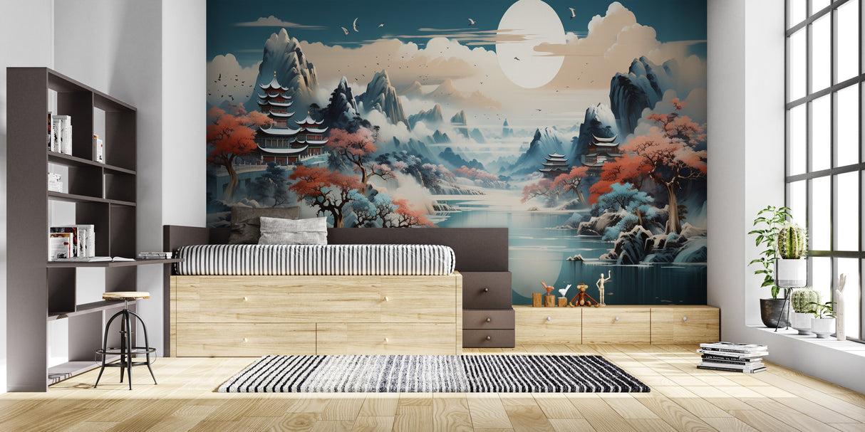 Japanese mountain scene wallpaper in meditation room with natural light
