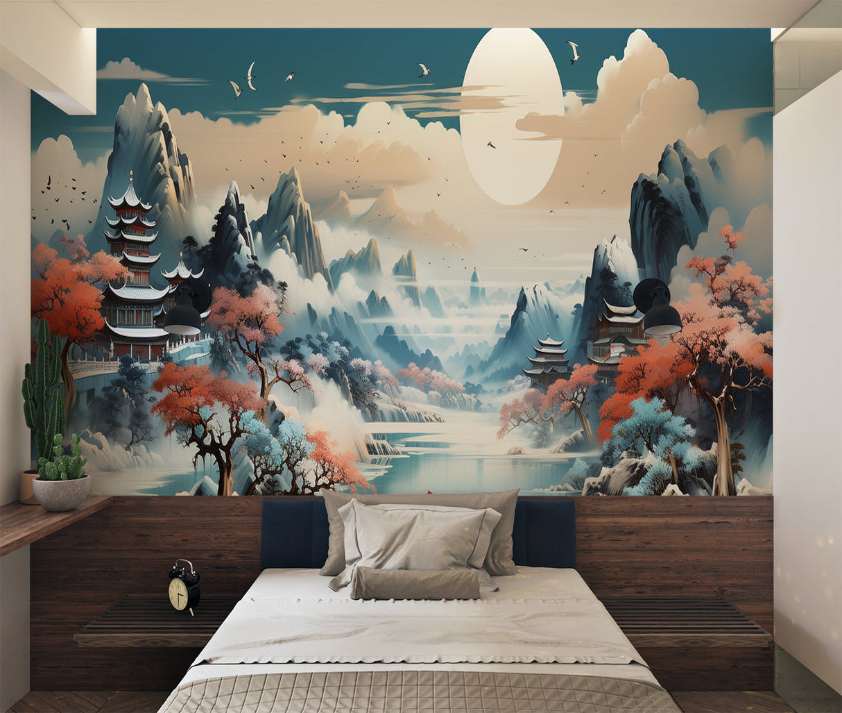 Oriental landscape mural adding depth to dining room with wooden furniture