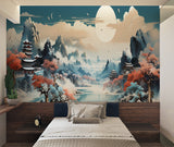 Oriental landscape mural adding depth to dining room with wooden furniture