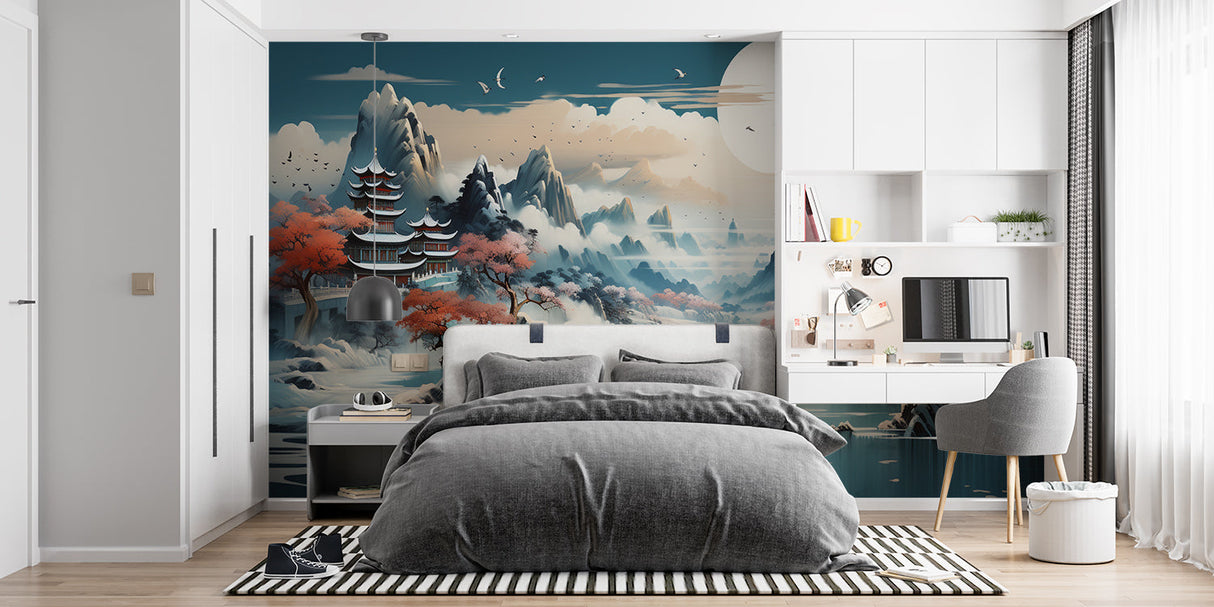 Japanese pagoda wallpaper transforming home office into peaceful workspace