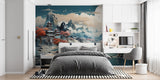Japanese pagoda wallpaper transforming home office into peaceful workspace