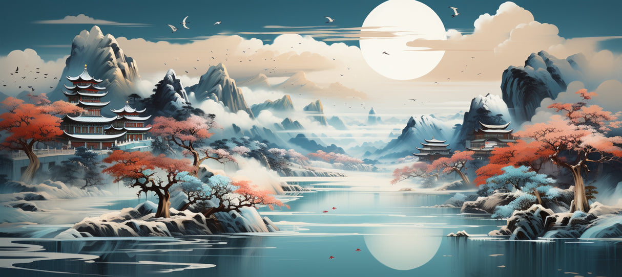 Japanese landscape design file showing detailed cherry blossoms and mountain peaks pattern
