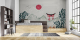 Zen bedroom with Japanese landscape mural, mountain and red sun design