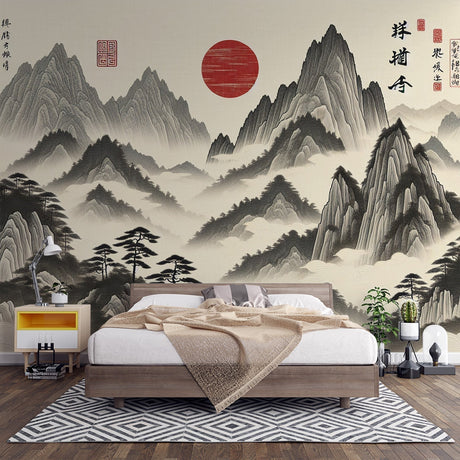 Japanese mountain wallpaper with red sun creating a peaceful atmosphere in a modern minimalist living room