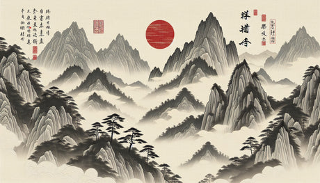 Japanese mountain landscape design file showing detailed misty peaks and striking red sun pattern