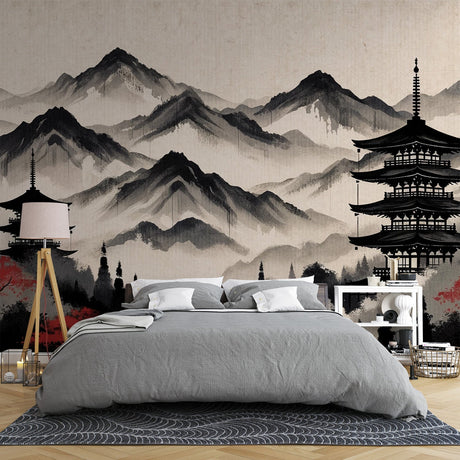 Japanese temple wallpaper creating zen atmosphere in modern living room with minimal furniture and natural light