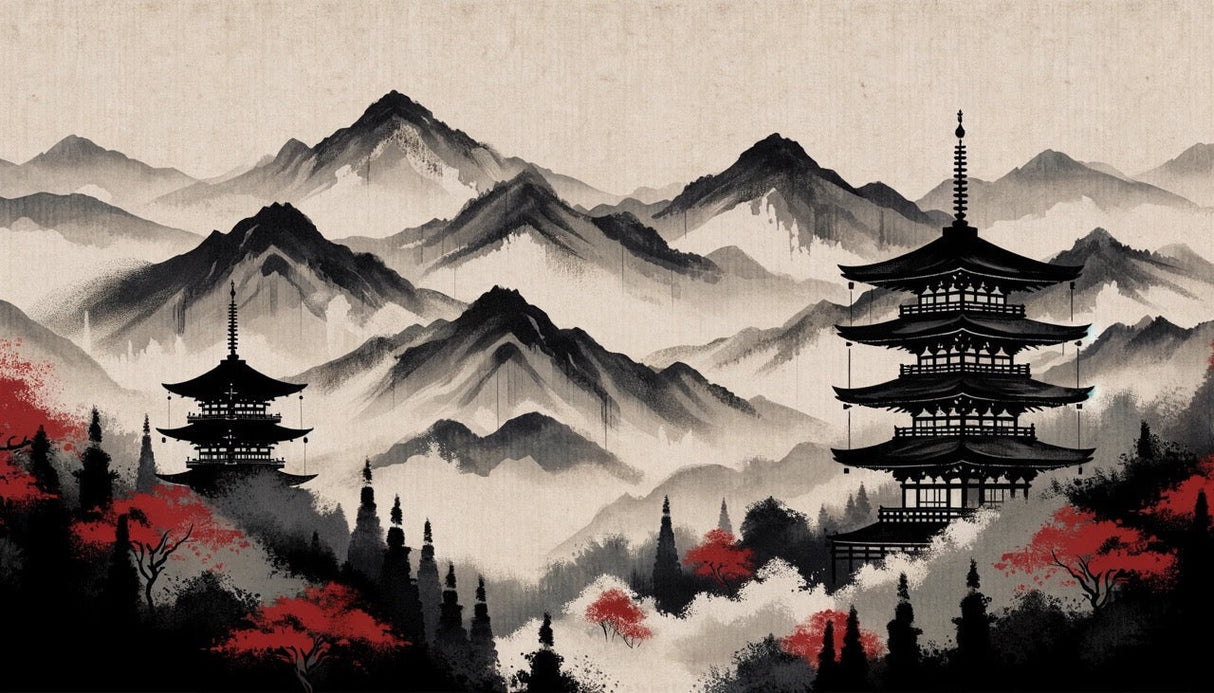 Japanese mountain and pagoda ink art design file showing intricate details and red maple accents