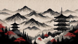 Japanese mountain and pagoda ink art design file showing intricate details and red maple accents